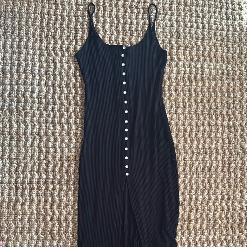 Reformation Black Midi Slip Dress with Front Buttons